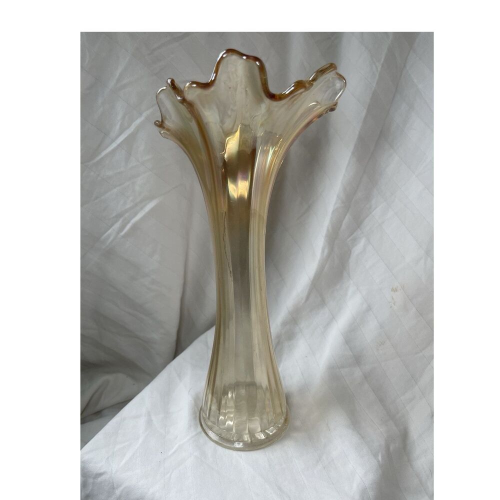 Iridescent Carnival Glass Vase, Ruffled Edge, Clear Gold, ~12 in Tall